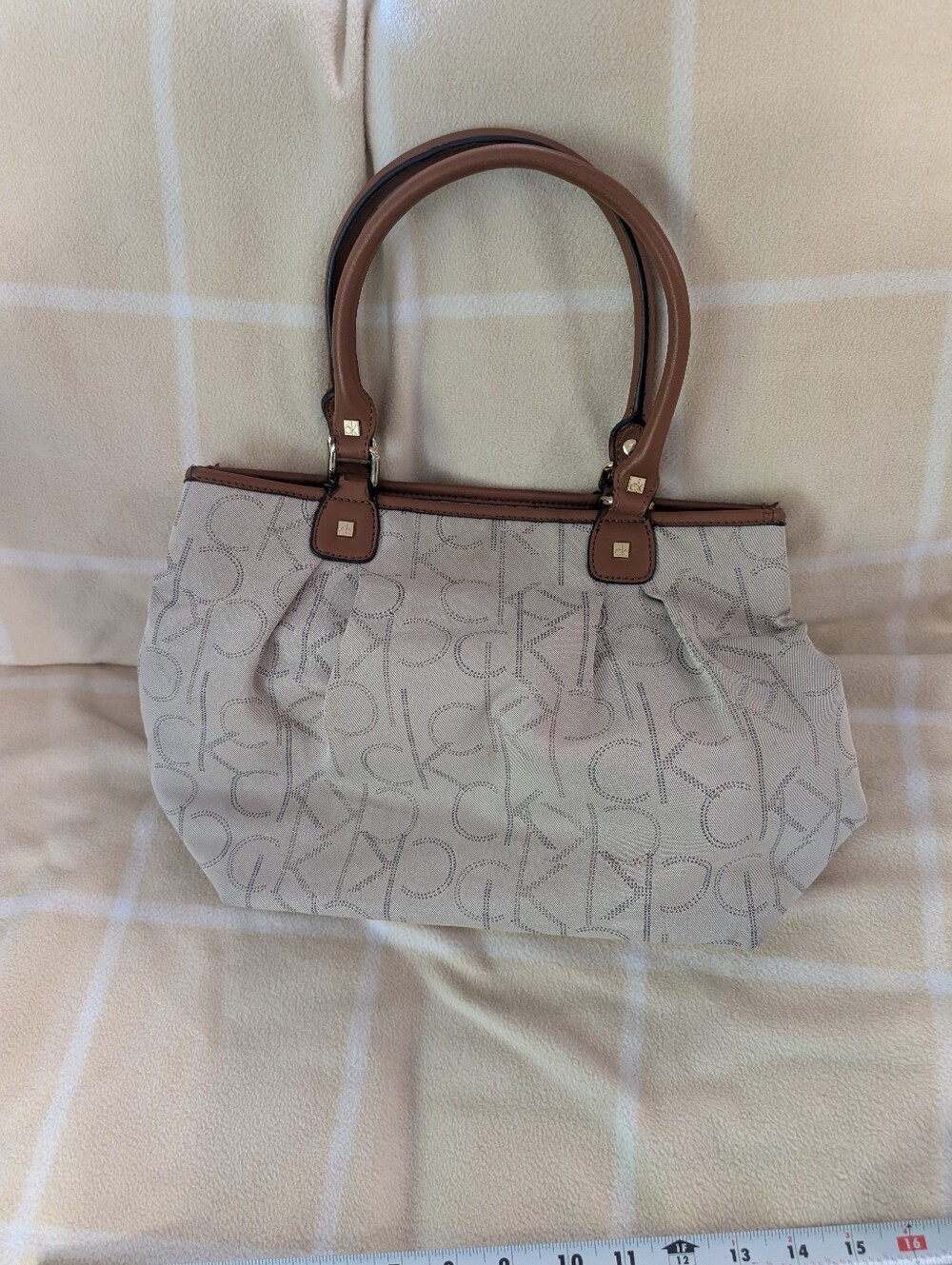 Calvin Klein Beige and Brown Logo Tote Bag